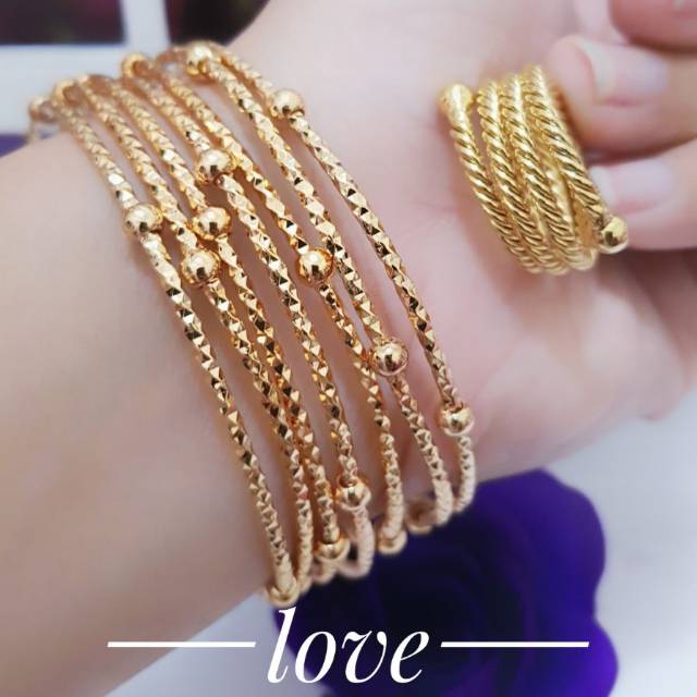 Gelang tangan keroncong plus cincin ulir dilapisi emas 18 k