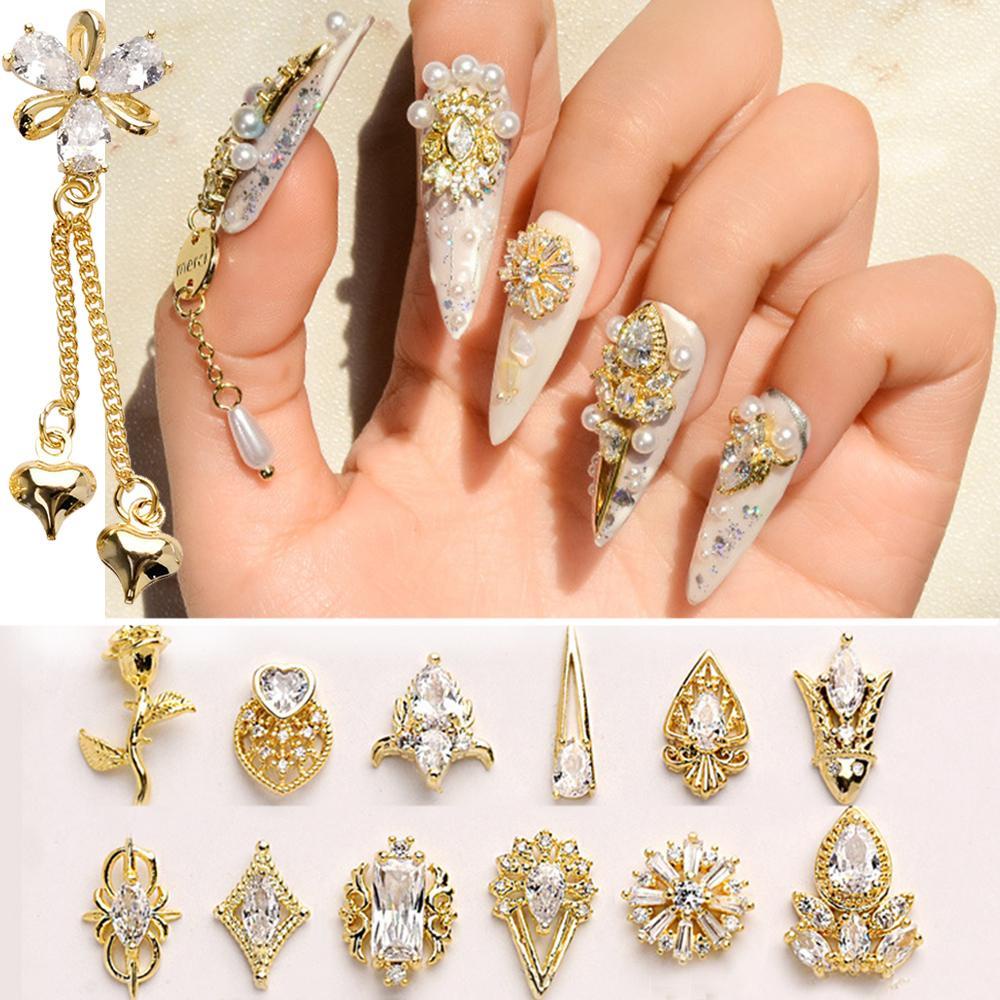 Mxbeauty 3D Kuku Berlian Imitasi Emas Shiny Charms Rose Flower Diamond Zircon Kristal Liontin Rantai