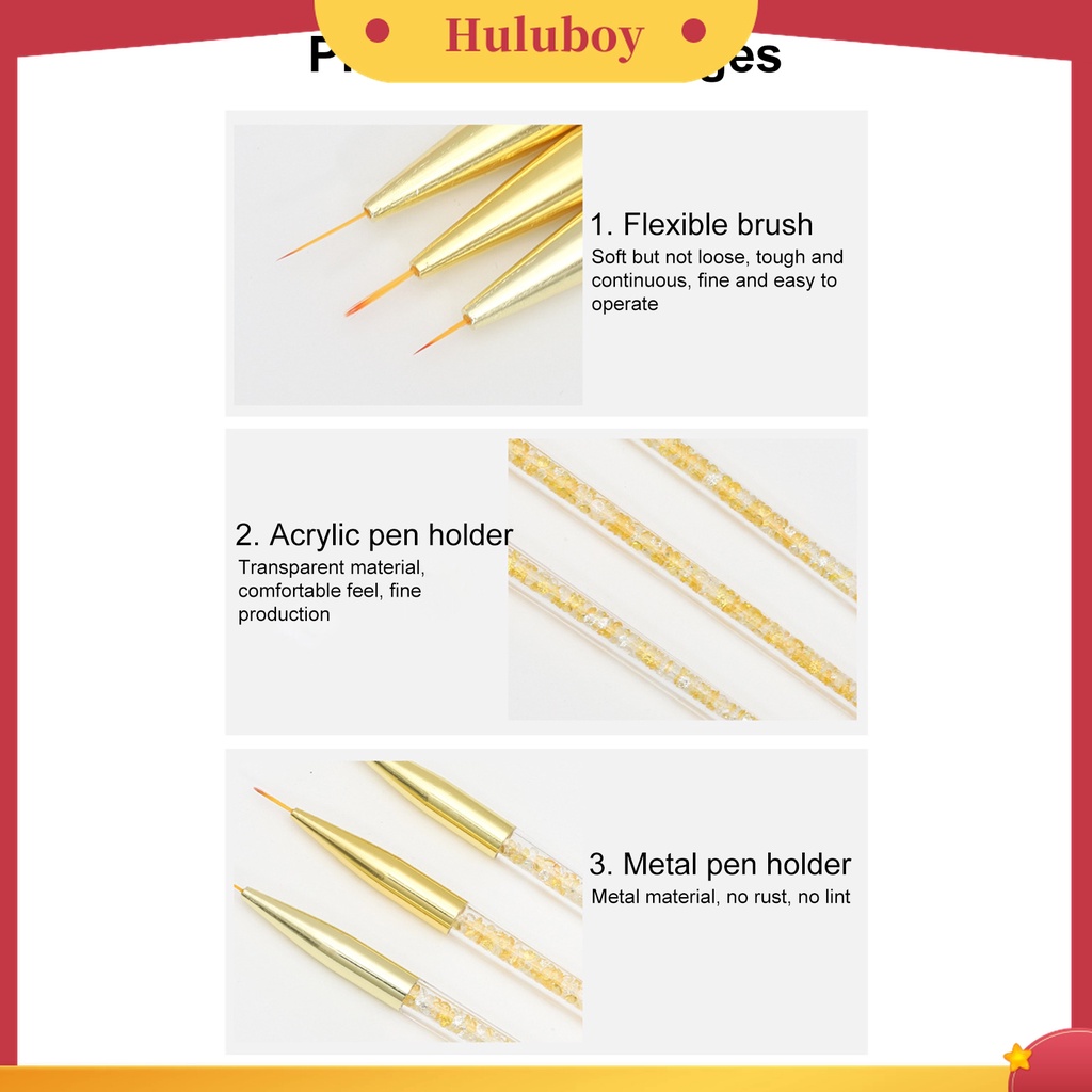 Huluboy Huluboy♡ 3 Pcs Pen Liner Bahan Nilon Wol Untuk Menggambar Nail Art