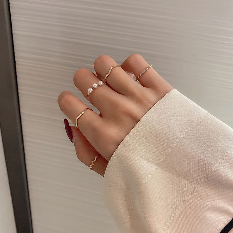 5pcs / Set Cincin Jari Telunjuk Kombinasi Aksen Mutiara Gaya Korea Untuk Wanita