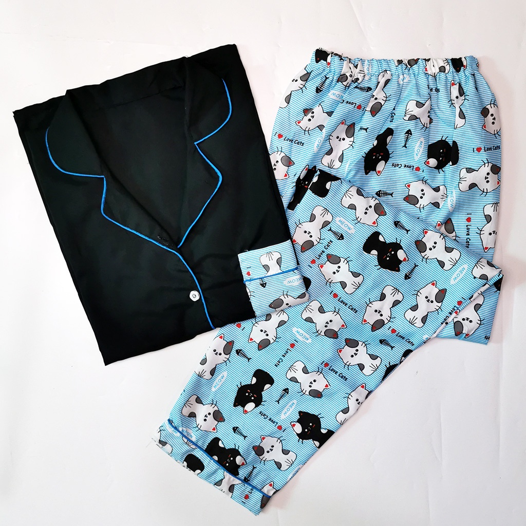 Stelan Baju Tidur Piyama Dewasa Lengan Panjang All Size Motif Lumina-PPL CAT BLUE COMBINA