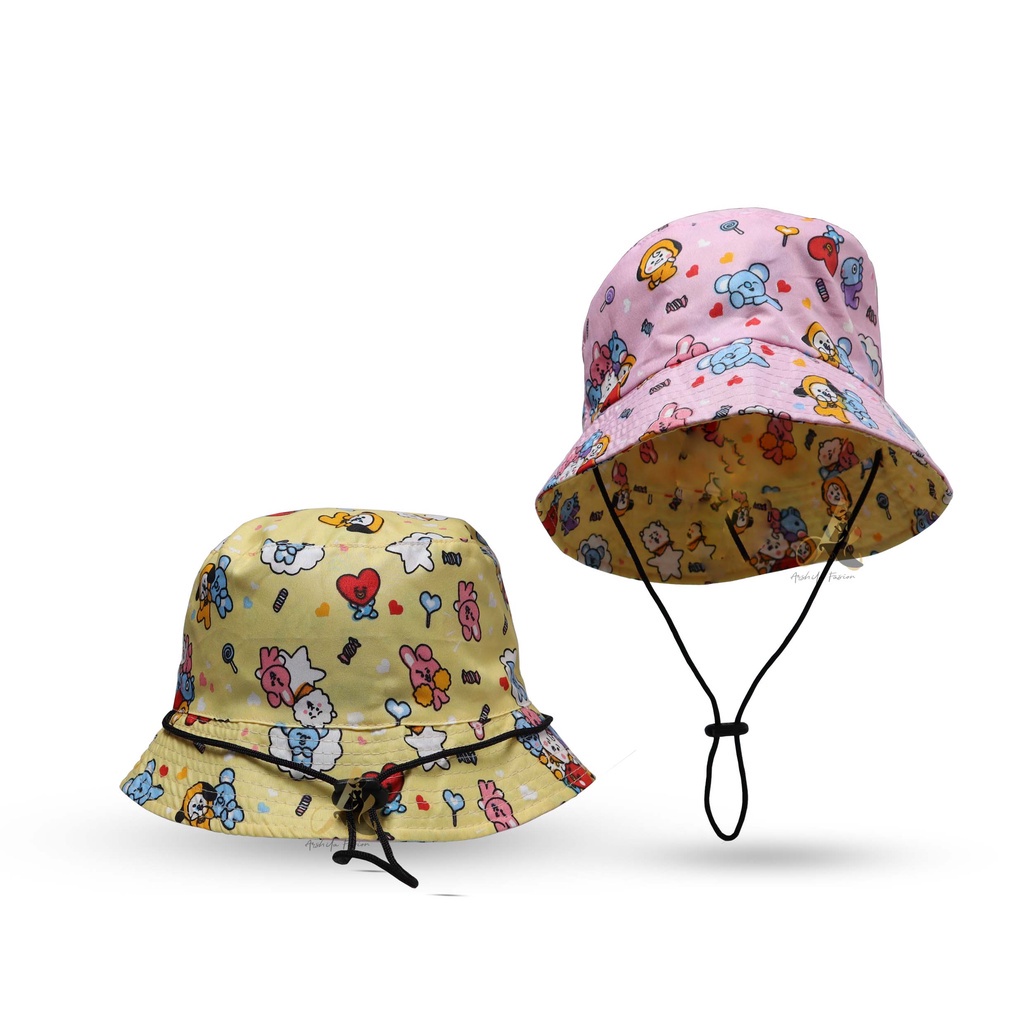 Topi Anak Perempuan Laki Laki Cowok Cewek 2 3 4 5 6 7 8 Tahun Bucket Hat Anak 1 FFD OOTD Fashion Anak Cowo Cewe Kecil Umur Balita Kado Kids Aksesoris Kepala Anak Lucu 1-BTS Pink Kuning Tali
