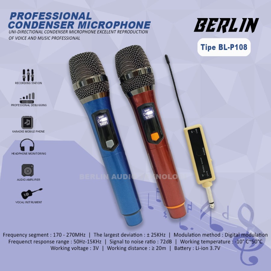 MIC WIRELESS WERLES BERLIN BL W108 2 MIC FULL RECHARGE ORIGINAL