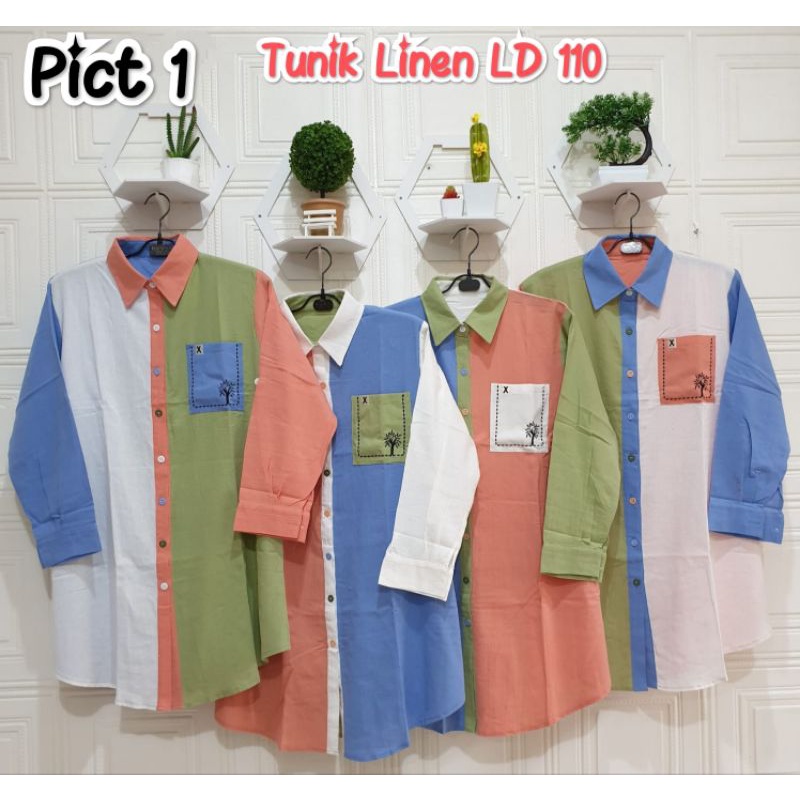 Atasan Kemeja Katun Linen Import Tunik Fashion Saku Bordir