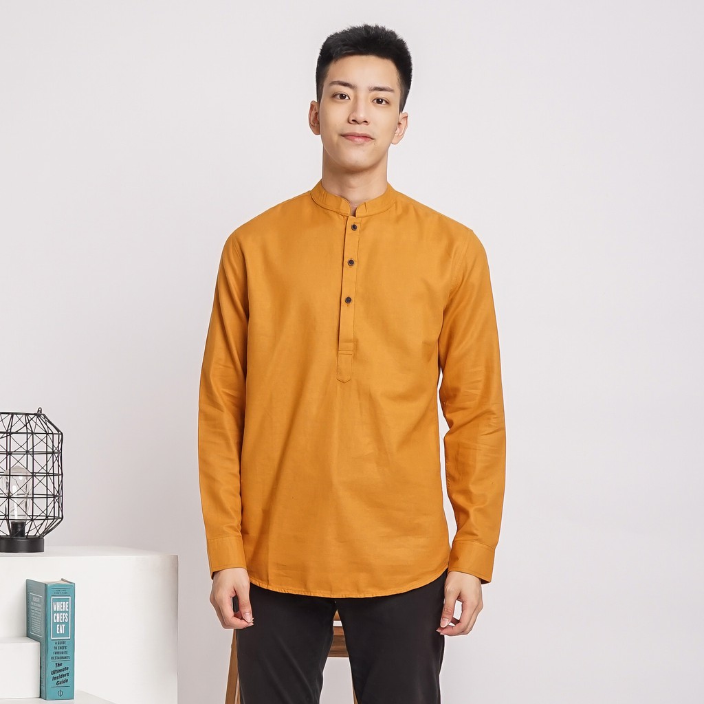 SANVANINA Kemeja Shanghai Pria Slim Fit MUSTARD E-1411A | Baju Koko Shanghai Pria Mustard