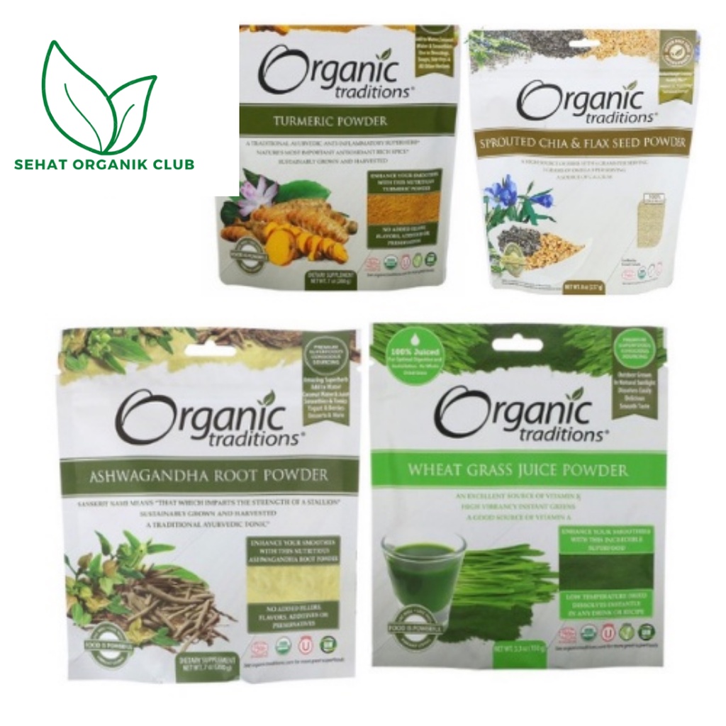 Organic Traditions Turmeric ; Sprouted Chia & Flax ; Wheat Grass Juice ; Ashwagandha Root Powder