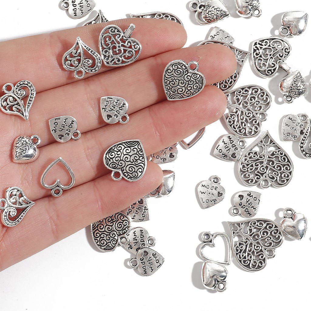 10/20/30/50 PCS Mix Size Alloy Heart Shape Antique Silver color Jewelry Accessories and Components for Making Bracelet Necklace