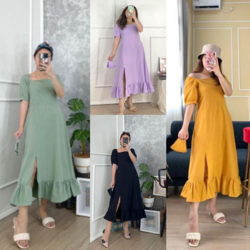 Dress Wanita Korean Dress Midi Slit Smocked Dress Slit Dress SlitDress DressWanita Dresscewek+free masker