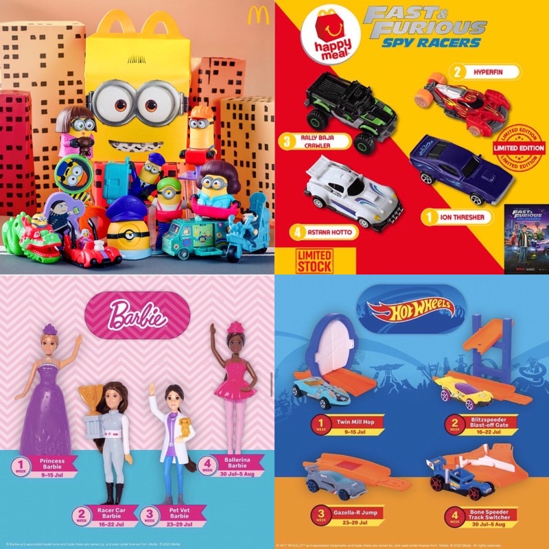 Mainan Mcd Happy Meal Set Tom & Jerry Minions 2 Rise of Gru Hotwheels Barbie Toy segel sealed