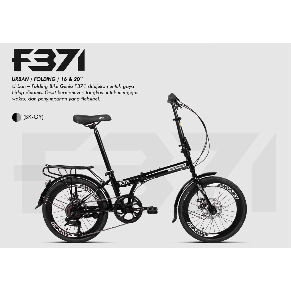 Sepeda Lipat Genio F371 F 371 mirip lunox Folding 16 Inch dan 20 Inch 7 speed SNI garansi resmi kirim seindonesia bisa cod cash kredit hitam biru kining silver abu grey blue black boncengan rem cakram-Black Grey