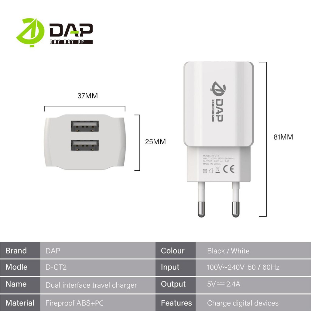 DAP D-CT2 Travel Charger Dual Port Output 2.4A - 1 Toples 20 Pcs