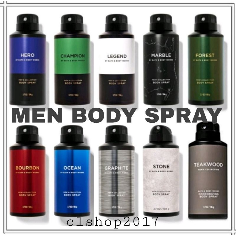 BBW MEN'S DEODORIZING BODY SPRAY 104 G BATH &amp; BODY WORKS EMPOWERED TEAKWOOD MARBLE GRAPHITE ATLANTIC CHAMPION LEGEND HERO NOIR BOURBON STEEL OCEAN PENGHARUM KETIAK MIX