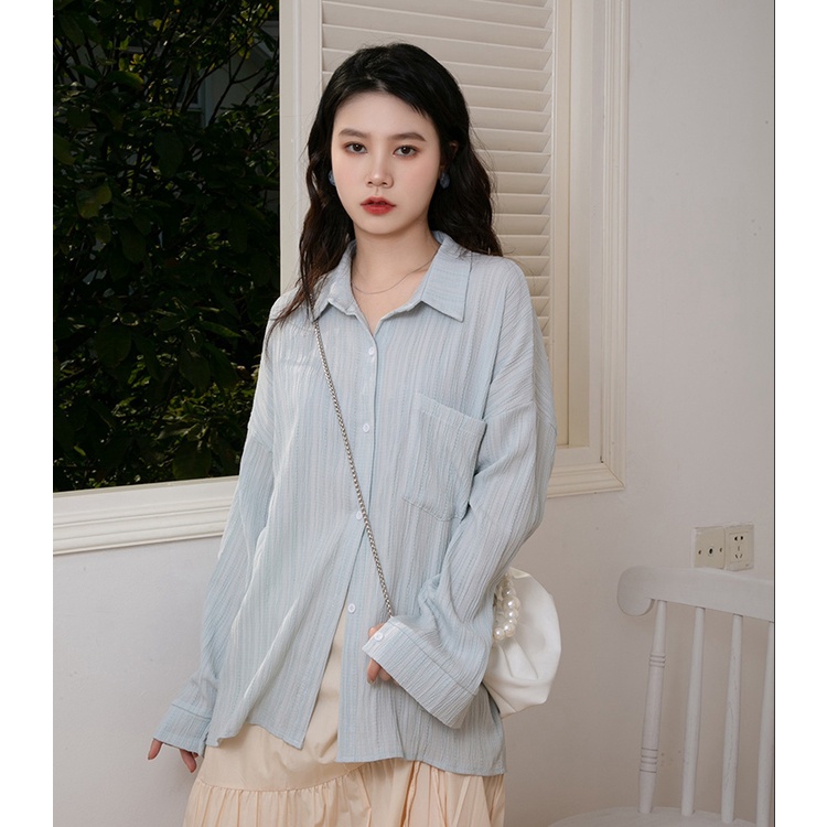 Kemeja Lengan Panjang Wanita Crinkle Shirt Putih Atasan Wanita Terbaru Blouse Import