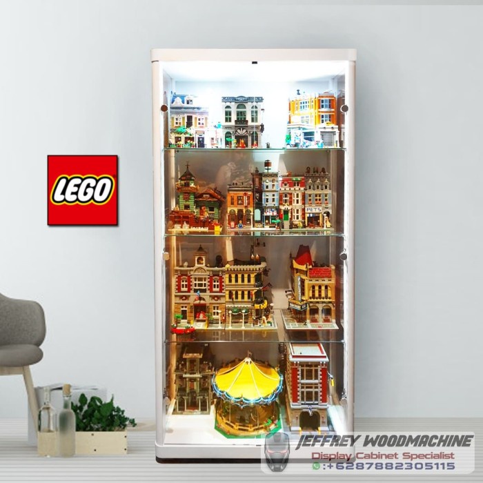 {friskastore} LEMARI RAK PAJANG KACA KOLEKSI LEGO LELE LEPIN BRICKS TEMPERED - Putih Diskon