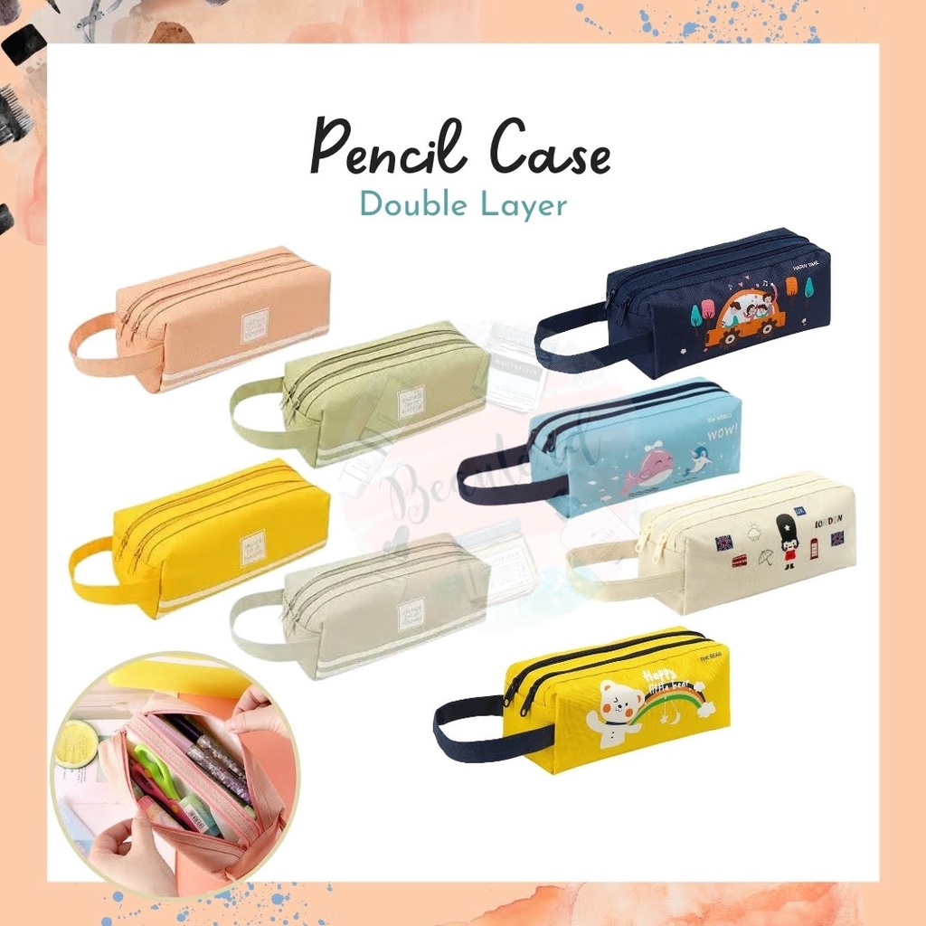 Kotak Pensil Tepak Zipper Double Layer Wadah Alat Tulis Pulpen Gunting Penggaris Bahan Canvas Warna Lucu Untuk Anak Dewasa Serbaguna Penyimpanan Make Up Pencil Case Stationary Sekolah Kantor