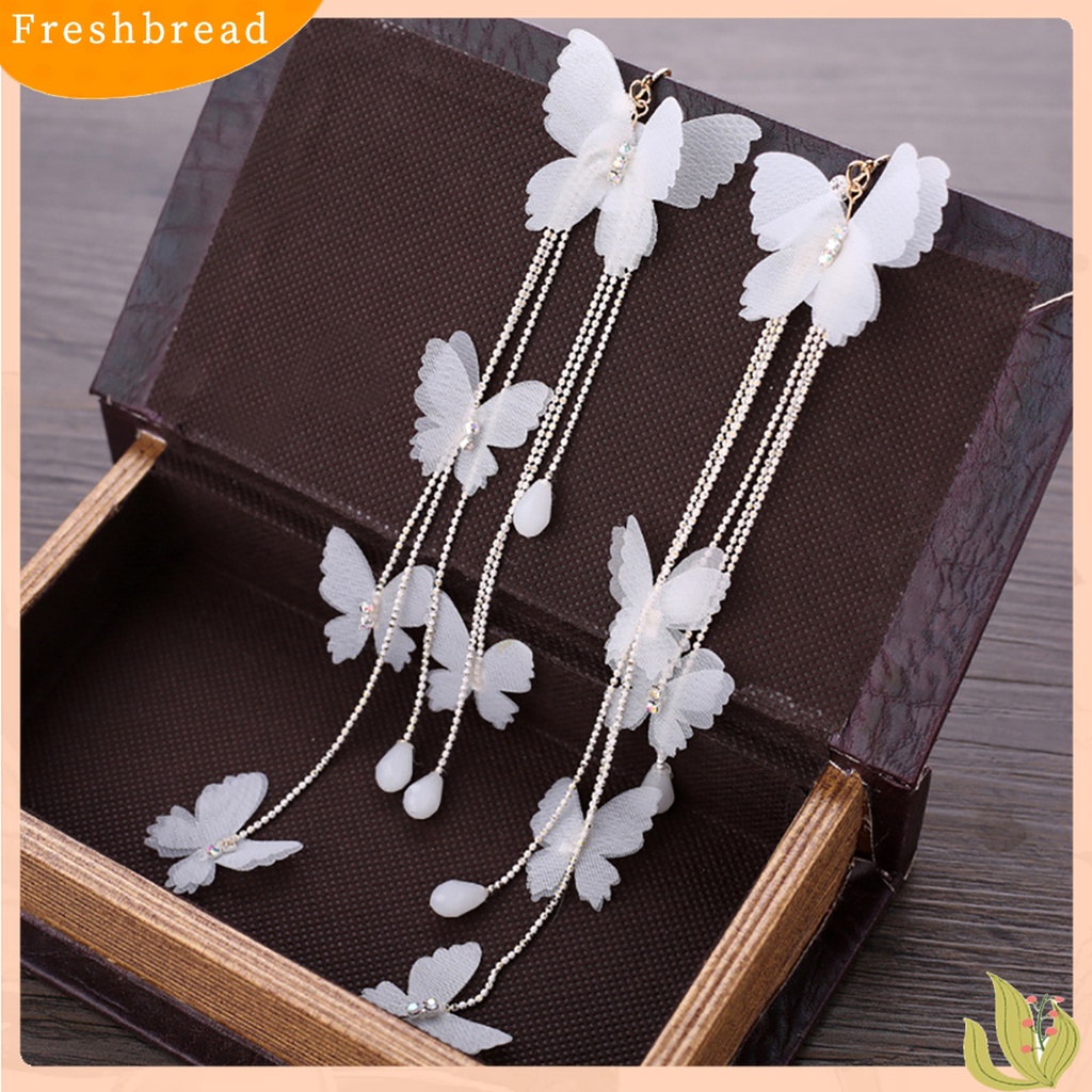 【Fresh】❀Women Bridal Cloth Butterfly Long Tassel Wedding Dangle Clip on/Hook Earrings