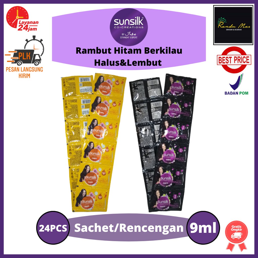 Shampo Sunslik Renceng 9ml Isi 24 Shampoo Sachet Perawatan Rambut Halus Lembut Hitam dan Berkilau