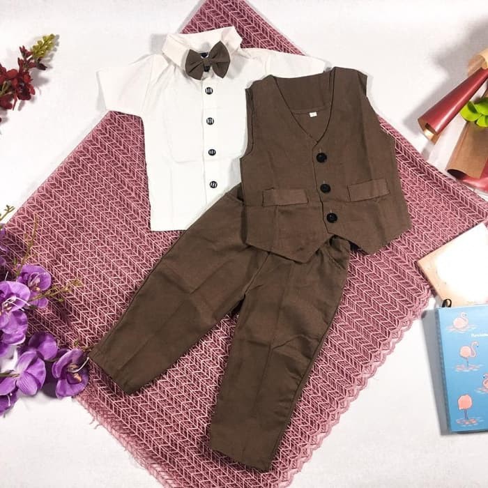 setelan jas tuxedo baju pesta anak bayi laki 2 3 4 5 tahun coklat