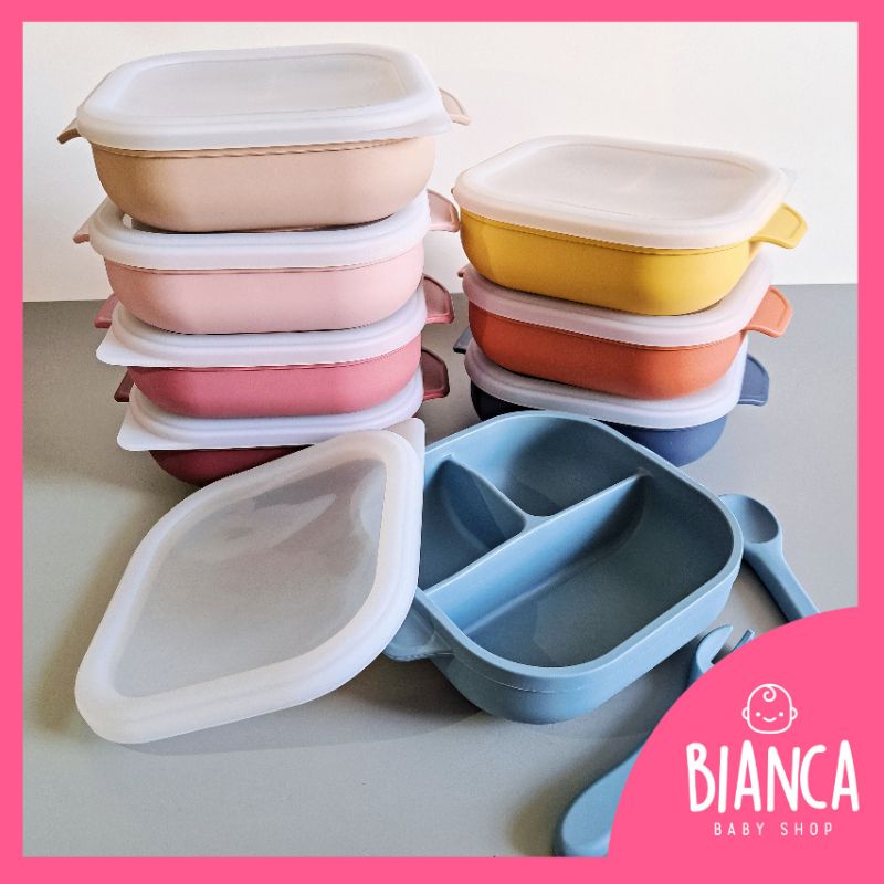 BIANCA - Piring Silikon Anak Sekat 3 Suction + Tutup + Sendok Garpu Silikon