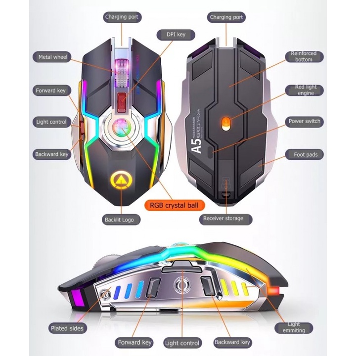 57 YINDIAO A5 Wireless E-Sports Gaming Mouse - Colorful RGB Light