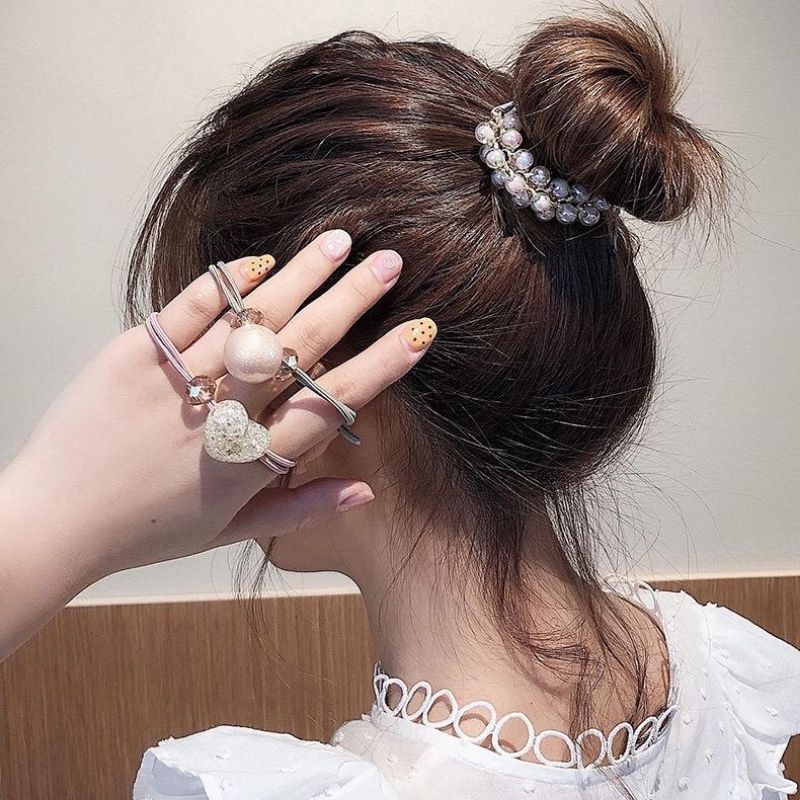 3 Pcs Ikat Rambut Karet Elastis Hias Crystal+Mutiara Elegan Gaya Korea untuk Wanita