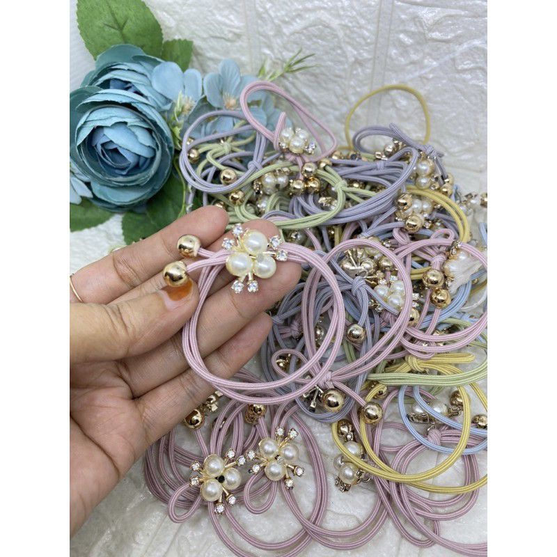 Ikat Rambut Mutiara isi 12pcs Kuncir Rambut Elastis Karet Rambut Mata-K mutiara mata