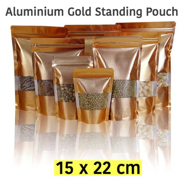 Aluminium gold standing pouch window / standing pouch semi window gold