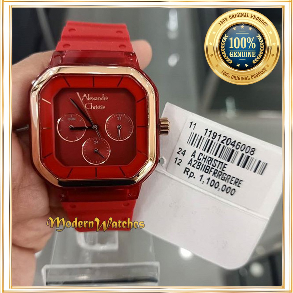 Jam Tangan Wanita Terbaru AC 2811 Alexandre Christie Ori Terlaris Merah Red Doff Rubber Karet