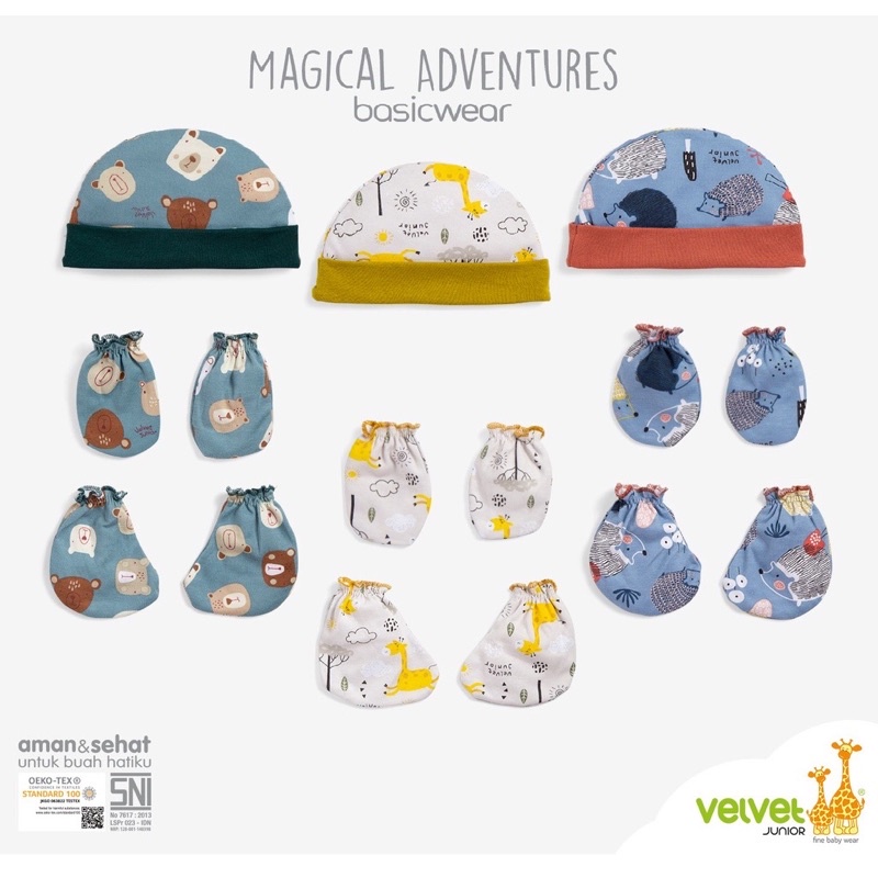 (1pcs) Sarung tangan kaki, dan topi velvet junior (Motif gems in the sky)