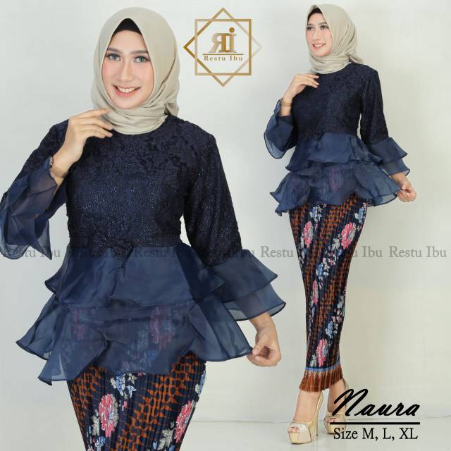 Setelan kebaya brukat mix organza / kebaya modern / set naura / maroon / navy / abu / coksu / gold