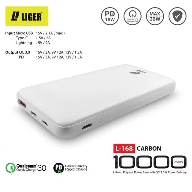 Power Bank L-168 LIGER ORIGINAL QUALCOM QUICK CHARGE 3.0 &amp; POWER DELIVERY PD