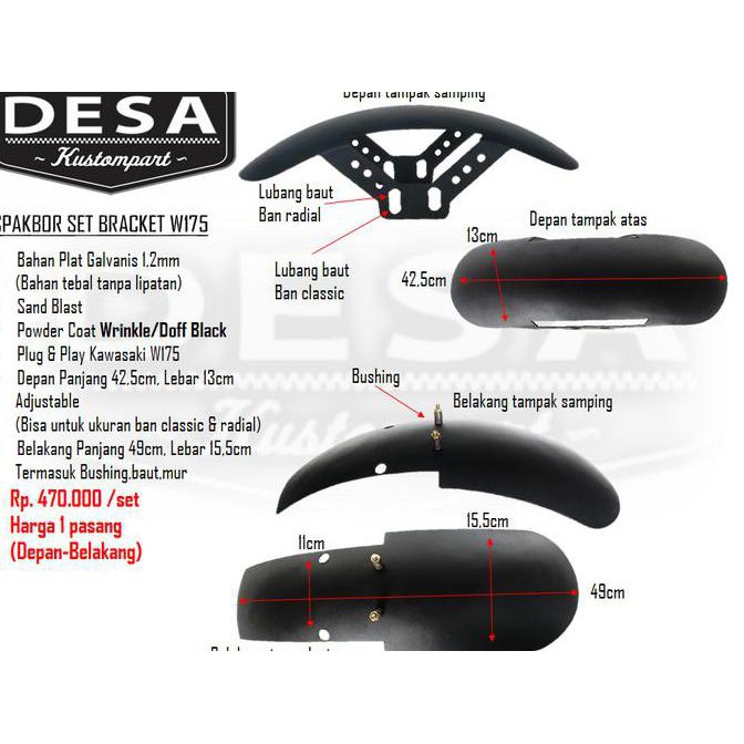 Promo Spakbor Kawasaki W175 Set Custom Original