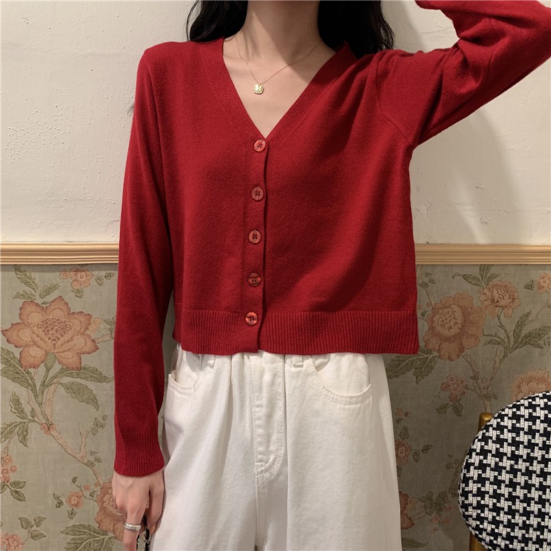 Cardigan polos baju atasan wanita lengan panjang korean style rajut wanita Retro-4