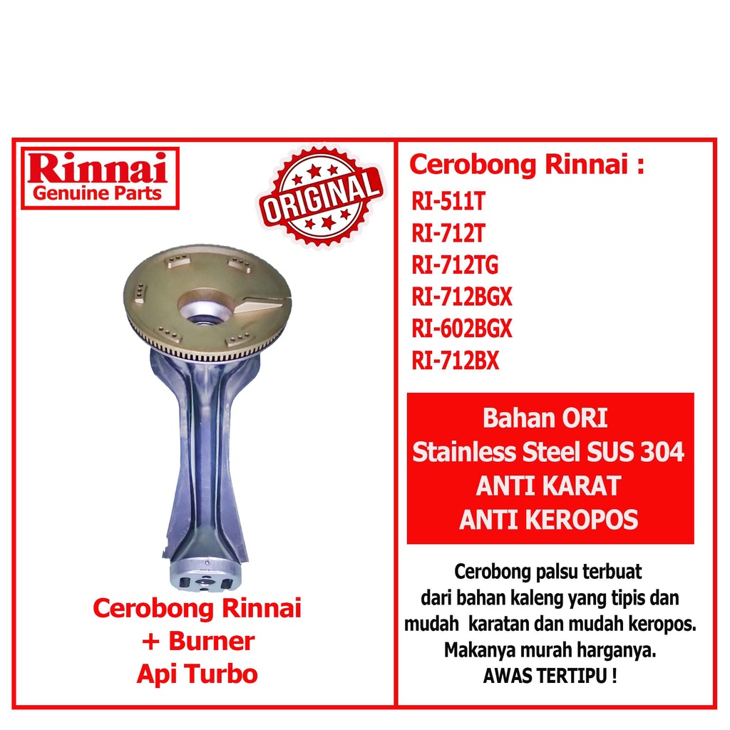 Cerobong Burner Kuningan Kompor Gas Rinnai Kecil Besar Tornado Turbo Burner Rinnai Kuningan Kepala Tungku Kompor Gas Rinnai RI 511E 512E 514E 522E 522ET 522C 522CE 602E 603E 511A 514A 522A 522AT 602A 602AG 712A 511T 712T 712TG 712 602BGX 712BX ORI