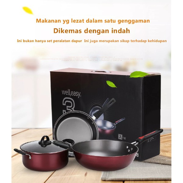 Panci 1 Set 3 Pcs Wajan Penggorengan Teflon Anti Lengket Serbaguna