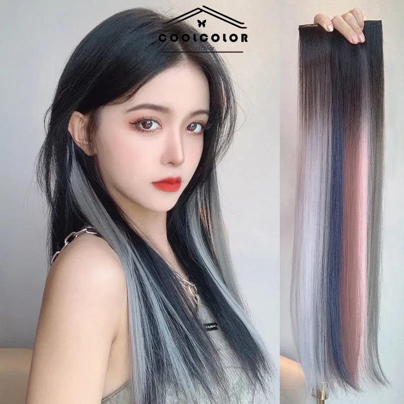 COD Rambut Panjang Lurus Warna Gradien Wanita One Piece Wig Sorot Ekstensi Rambut- cl