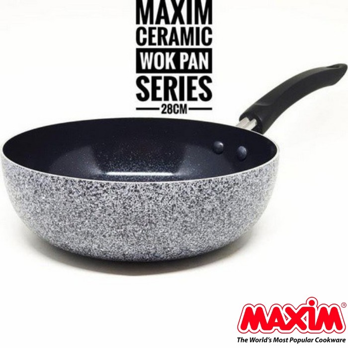 Maxim Neostone Wajan Wok 30cm  | Wajan Anti Lengket Marble Keramik + Tutup Kaca 30 cm