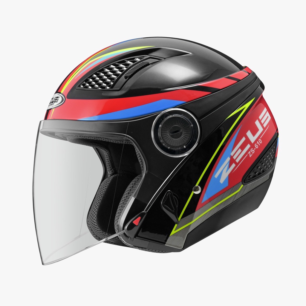 Helm Zeus ZS-610 Black OO27 Red Yellow Double Visor HalfFace