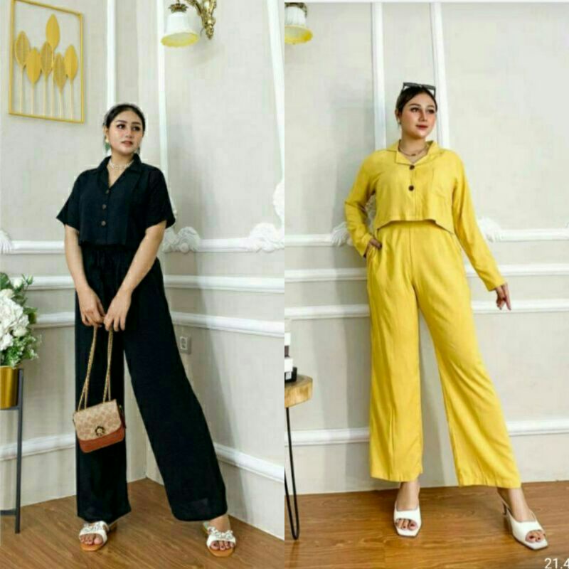One Set Crop lengan panjang Rayon Bali - Setelan Wanita Korean Style Kancing Depan Kekinian (baju+ce