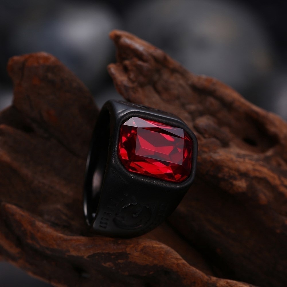 Cool male punk ruby ring oval red crystal ring garnet black metal ring fashion jewelry