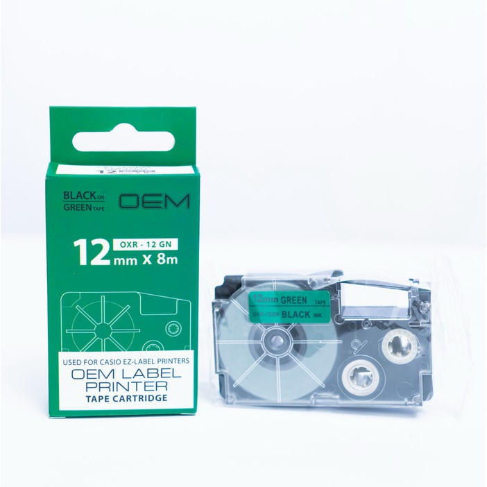 

OEM TAPE EZ LABEL CASIO 12MM BLACK INK GREEN (OXR-12GN)