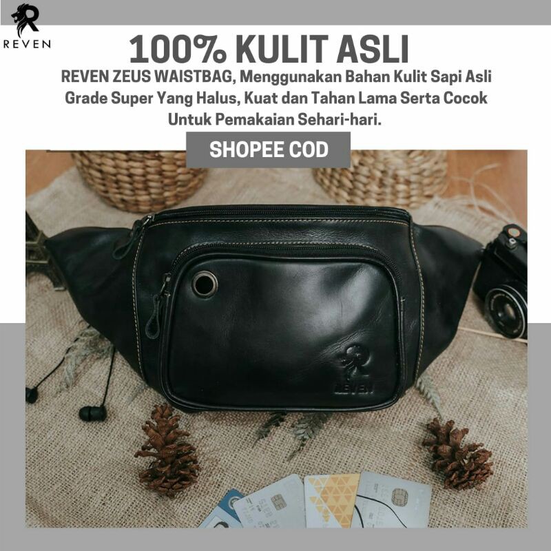 Tas Selempang Kulit Pria Reven Zeus Waistbag Branded Original Kulit Sapi Asli Premium
