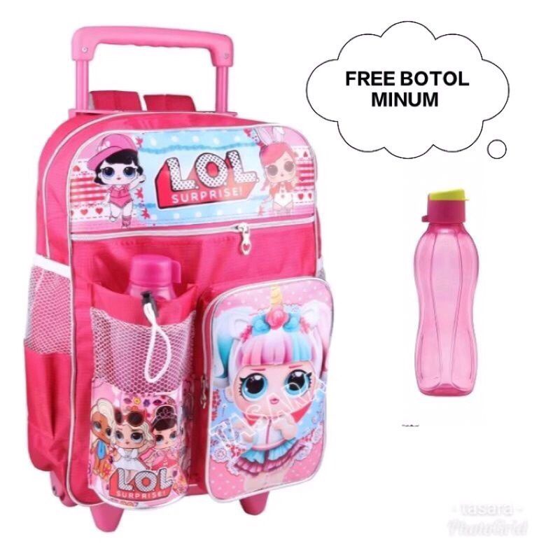 Tas ransel troli anak karakter tas dorong anak perempuan 2in1 - tas + Botol Minum