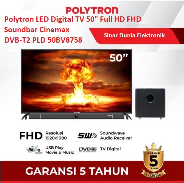 Polytron LED Digital TV 50&quot; Full HD FHD Soundbar Cinemax PLD 50BV8758