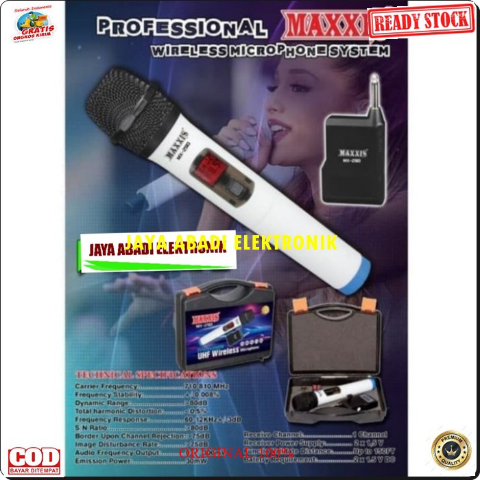 G538  MIC MAXXIS UHF WIRELESS MIKROPHONE KARAOKE PROFESIONAL WIRELESS SINGLE KOPER HANDLE PEGANG DIGITAL PRO VOKAL SUARA AUDIO SISTEM PANGGUNG DJ STUDIO SOUND SYSTEM PAKE KOPER SUARA SANGAT JERNIH DAN COCOK UNTUK DIGUNAKAN DISEGALA ACARA PAKAI BATERAI