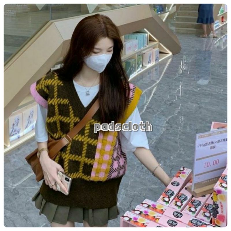 Flanel Vest Colourfull Rompi Rajut Wanita/rompi rajut flanel korean stylish