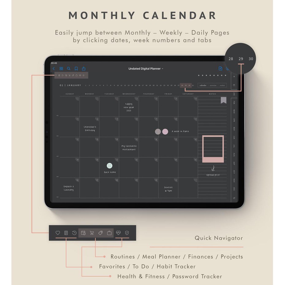 Digital Journal &amp; Planner - Undated Blackout Daily Planner for Goodnotes, Notability, Xodo, (Full Page Hyperlinked)