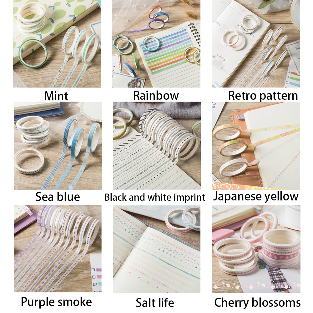 10pcs/set Tape/Selotip Washi Warna Warni Ukuran 5mm Untuk Dekorasi Diary/Scrapbook Diy