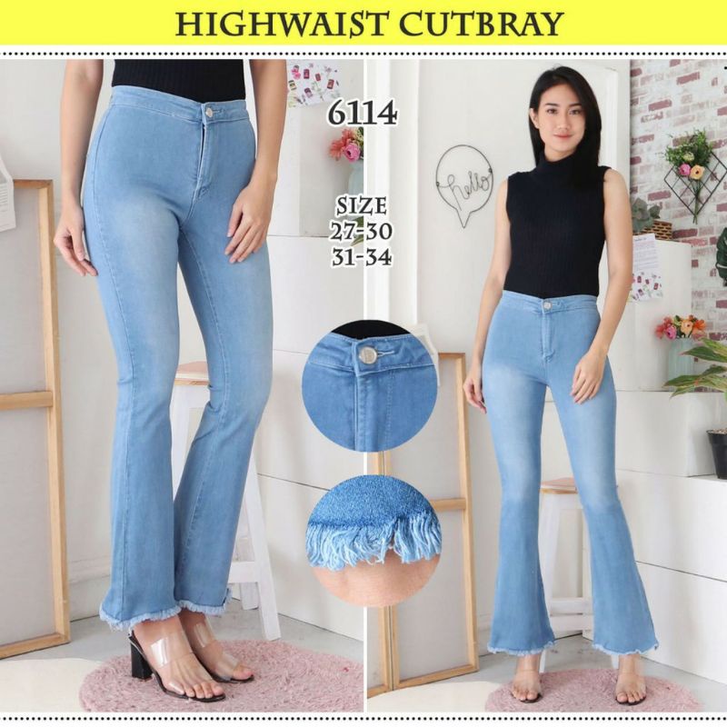 Celana Jeans HighWaist Cutbray Wanita Rombe/Rawis Softjean Jumbo 27-34 Warna