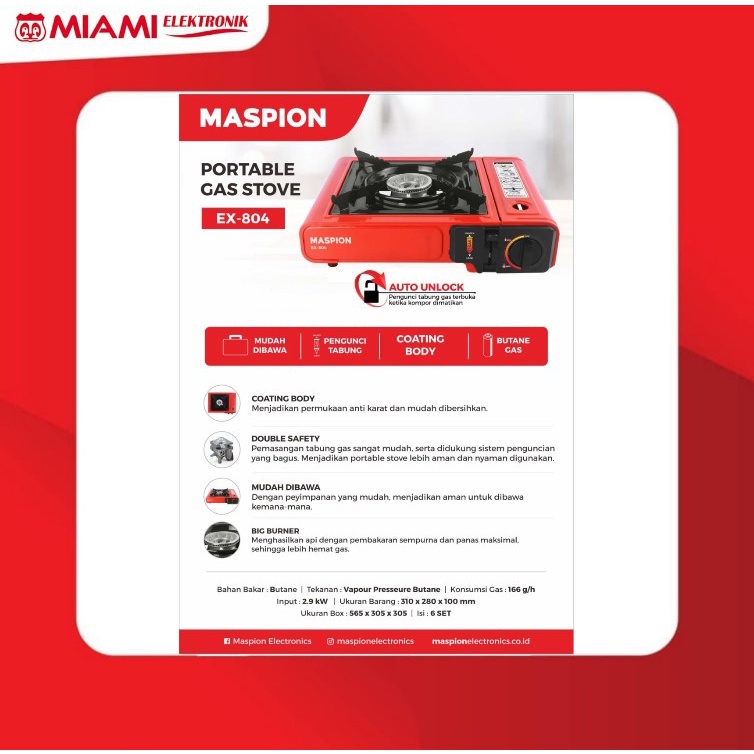 MASPION Portable Gas Cooker EX-804 / Kompor Gas Tabung EX804